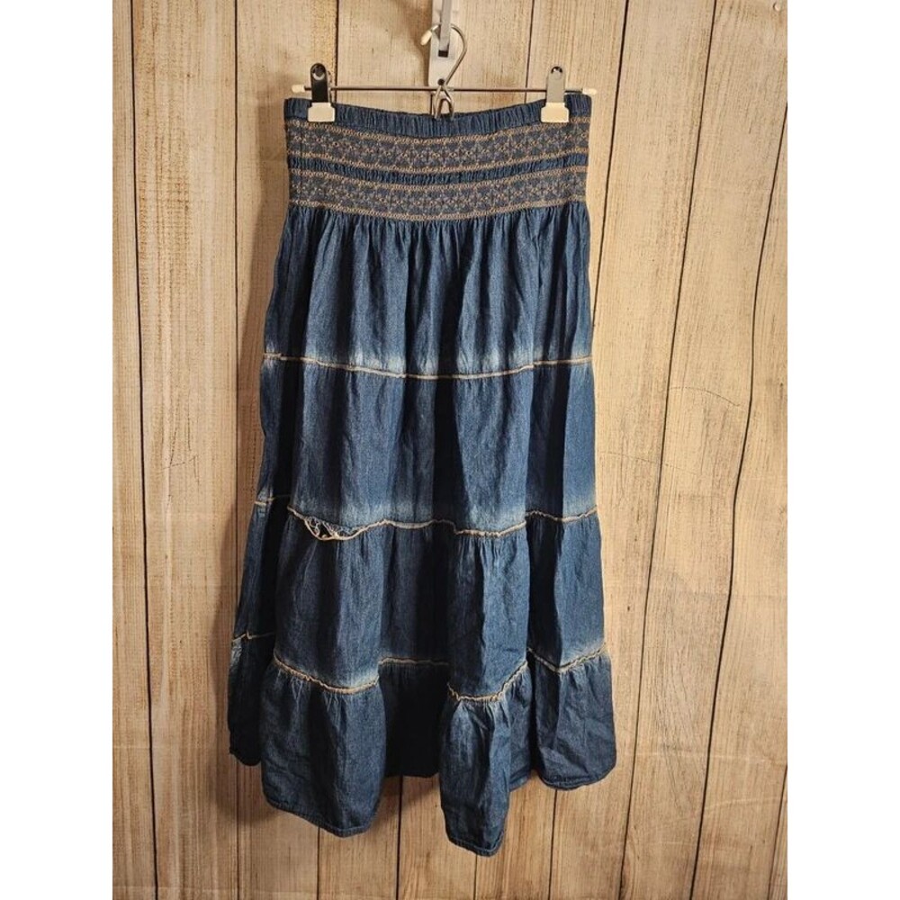 Indigo & Lace Denim Tiered Maxi Skirt Womens Large Smocked Waist Boho Peasant